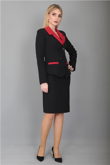 Garnili Ceket & Arka Yırtmaçlı Vazo Etek Takım-Kırmızı