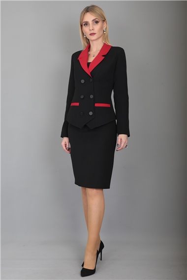 Garnili Ceket & Arka Yırtmaçlı Vazo Etek Takım-Kırmızı