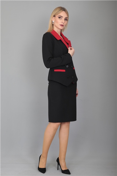 Garnili Ceket & Arka Yırtmaçlı Vazo Etek Takım-Kırmızı