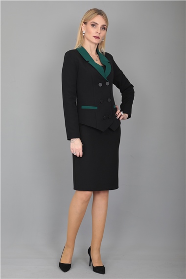 Garnili Ceket & Arka Yırtmaçlı Vazo Etek Takım-Zümrüt