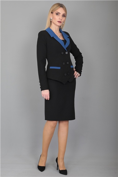 Garnili Ceket & Arka Yırtmaçlı Vazo Etek Takım-İndigo