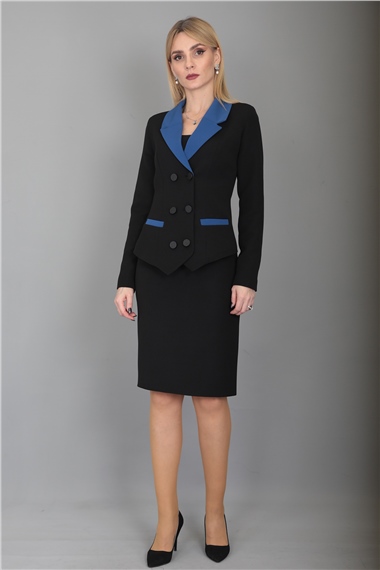 Garnili Ceket & Arka Yırtmaçlı Vazo Etek Takım-İndigo