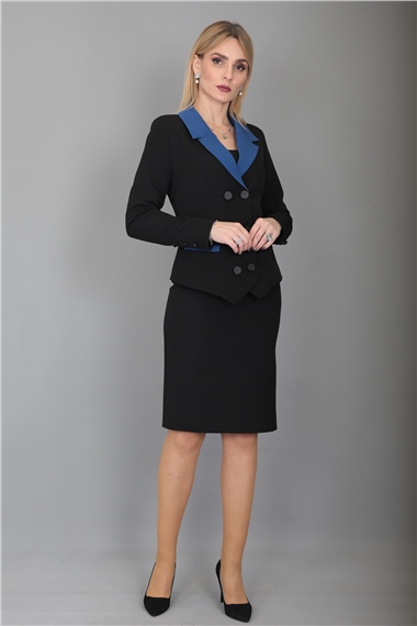 Garnili Ceket & Arka Yırtmaçlı Vazo Etek Takım-İndigo