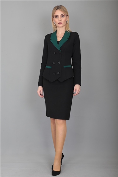 Garnili Ceket & Arka Yırtmaçlı Vazo Etek Takım-Zümrüt