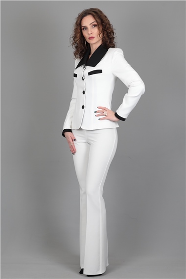 Garnili Ceket & İspanyol  Paça Pantolon Takım-Beyaz