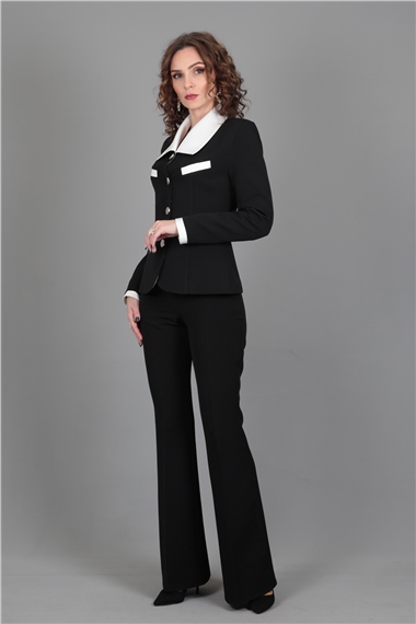 Garnili Ceket & İspanyol  Paça Pantolon Takım-Siyah
