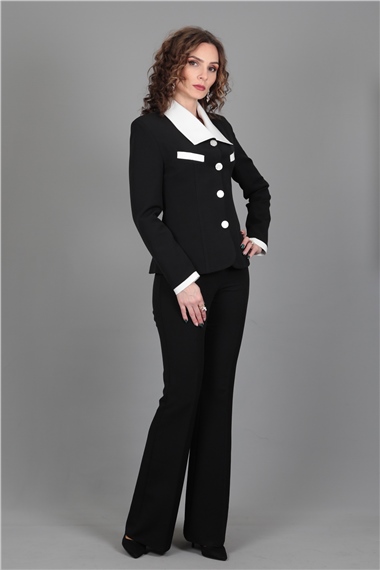 Garnili Ceket & İspanyol  Paça Pantolon Takım-Siyah