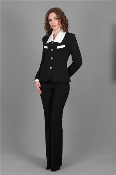 Garnili Ceket & İspanyol  Paça Pantolon Takım-Siyah