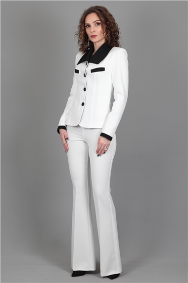 Garnili Ceket & İspanyol  Paça Pantolon Takım-Beyaz