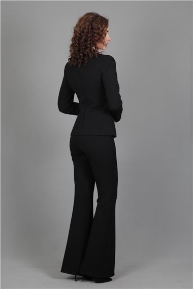 Garnili Ceket & İspanyol  Paça Pantolon Takım-Siyah