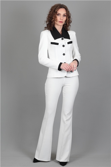 Garnili Ceket & İspanyol  Paça Pantolon Takım-Beyaz