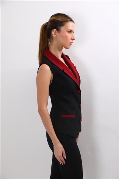 Garnili Ceket Yaka Klasik Kadın Yelek-Bordo