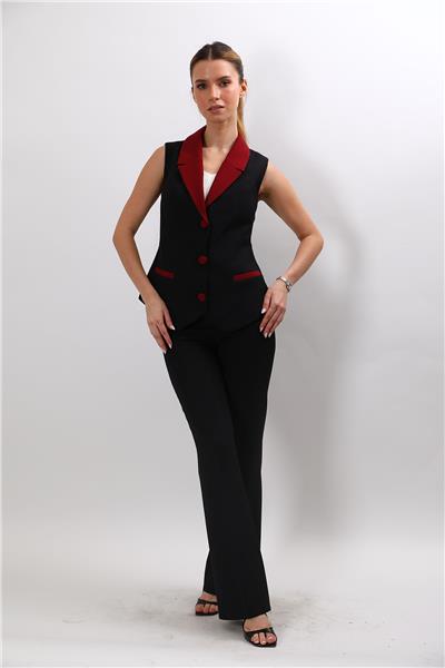 Garnili Ceket Yaka Klasik Yelek & Cepli İspanyol Paça  Pantolon Kadın Takım Elbise-Bordo