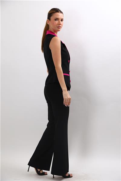 Garnili Ceket Yaka Klasik Yelek & Cepli İspanyol Paça  Pantolon Kadın Takım Elbise-Fuşya