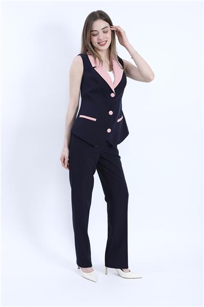 Garnili Ceket Yaka Klasik Yelek & Cepli Boru Paça Pantolon Kadın Takım Elbise-Pudra