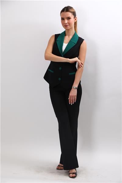 Garnili Ceket Yaka Klasik Yelek & Cepli İspanyol Paça  Pantolon Kadın Takım Elbise-Zümrüt