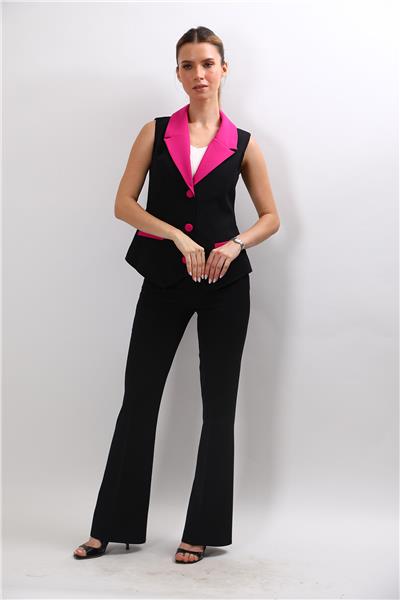 Garnili Ceket Yaka Klasik Yelek & Cepli İspanyol Paça  Pantolon Kadın Takım Elbise-Fuşya