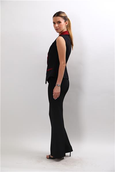 Garnili Ceket Yaka Klasik Yelek & Cepli İspanyol Paça  Pantolon Kadın Takım Elbise-Bordo