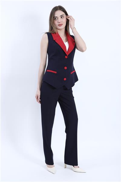 Garnili Ceket Yaka Klasik Yelek & Cepli Boru Paça Pantolon Kadın Takım Elbise-Kırmızı