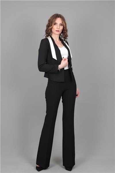 Garnili Klasik Modern Ceket & İspanyol Paça Pantolon Kadın Takım Elbise-Siyah