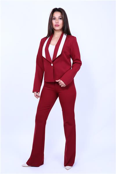 Garnili Klasik Modern Ceket & İspanyol Paça Pantolon Kadın Takım Elbise-Bordo