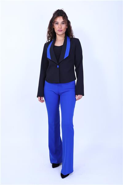 Garnili Klasik Modern Ceket & Lastikli İspanyol paça Pantolon Kadın Takım Elbise-Saks