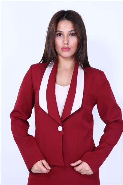 Garnili Klasik Modern Ceket & Mini Yırtmaçlı Kısa Dar Etek Kadın Takım Elbise-Bordo