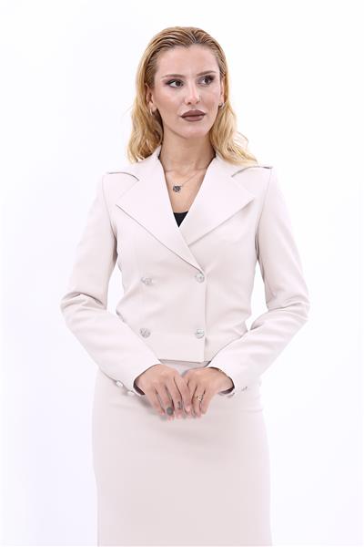 Geniş Yaka kruvaze Kadın Ceket-Bej