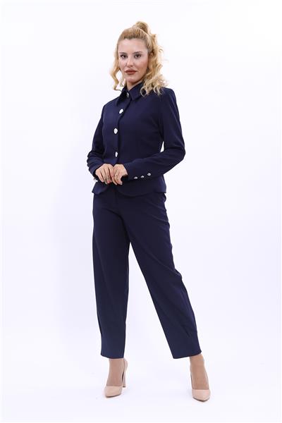Gömlek Yaka Düğmeli Ceket & Cepli Paçası Pileli Spor Pantolon Kadın Takım Elbise-Lacivert