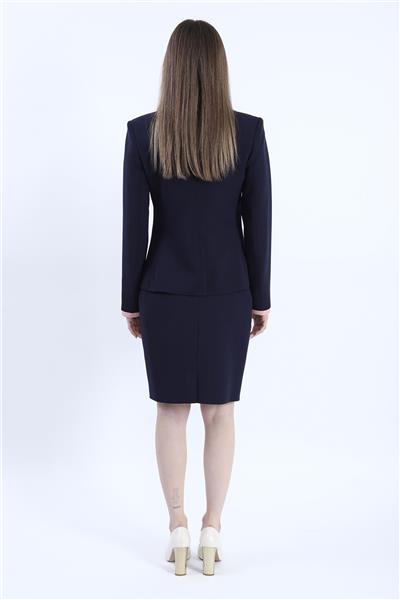 Gömlek Yaka Garnili Ceket & Mini Yırtmaçlı Kısa Dar Etek Kadın Takım Elbise-Pudra