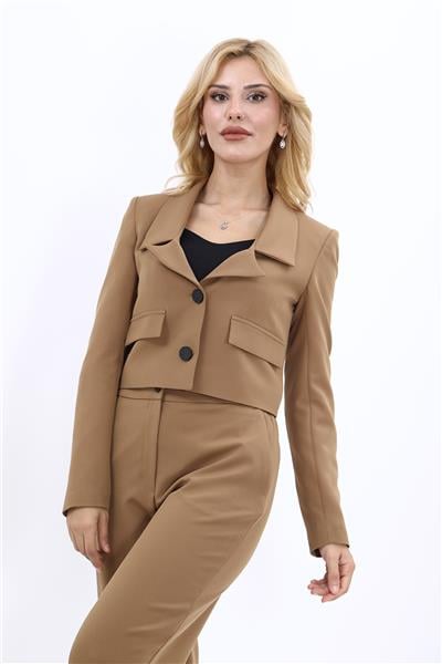 Gömlek Yaka Kısa Ceket-Camel