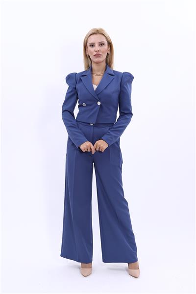 Gömlek Yaka Kısa Ceket & Erkek Yaka Drape Kollu Kısa Ceket-İndigo