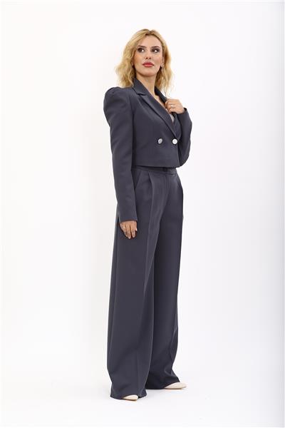 Gömlek Yaka Kısa Ceket & Erkek Yaka Drape Kollu Kısa Ceket-Füme