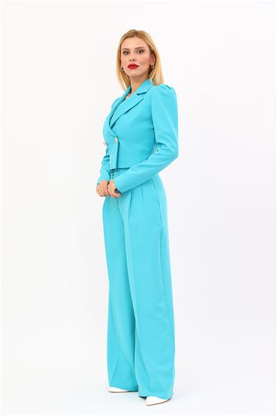 Gömlek Yaka Kısa Ceket & Erkek Yaka Drape Kollu Kısa Ceket-Turkuaz