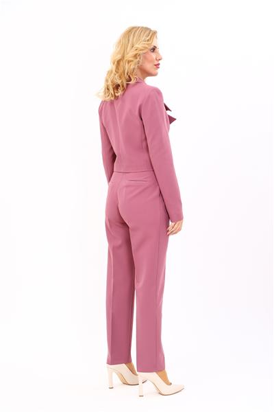 Gömlek Yaka Kısa Ceket & Kemerli Köprülü Dar Paça Pantolon-Rose