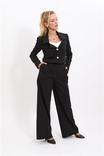 Gömlek Yaka Kısa Ceket & Korsaj Kemer Yüksek Bel Palazzo Pantolon-Siyah