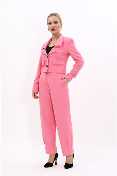 Gömlek Yaka Kısa Ceket &  Paçası Pileli Pantolon-Pembe