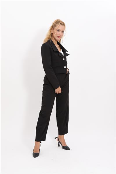 Gömlek Yaka Kısa Ceket &  Paçası Pileli Pantolon-Siyah