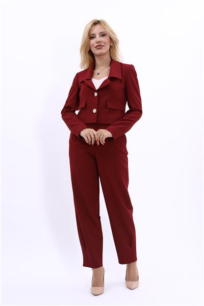 Gömlek Yaka Kısa Ceket &  Paçası Pileli Pantolon-Bordo