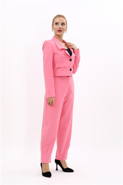 Gömlek Yaka Kısa Ceket &  Paçası Pileli Pantolon-Pembe