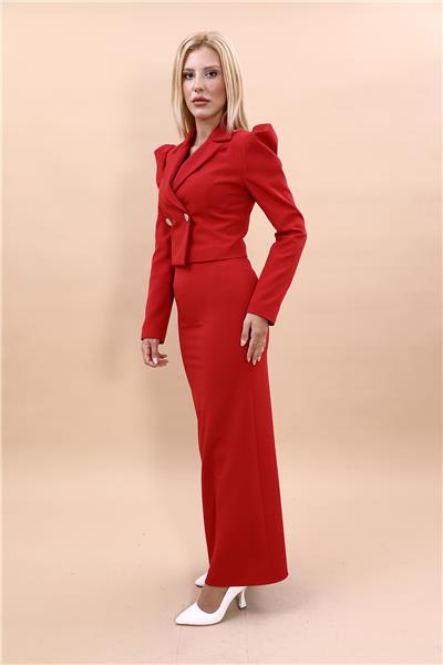 Gömlek Yaka Kısa Ceket &  Uzun Düz Dar Etek-Kırmızı