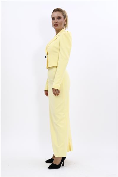 Gömlek Yaka Kısa Ceket &  Uzun Düz Dar Etek-Sarı