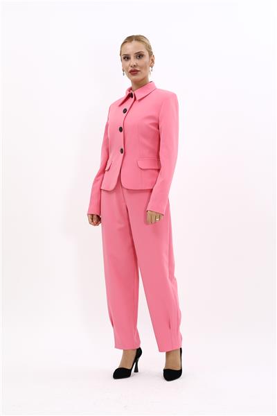 Gömlek Yaka Klasik Ceket &  Paçası Pileli Pantolon-Pembe