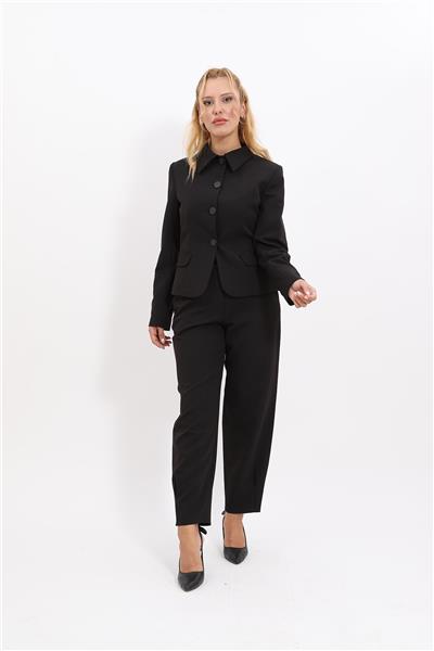 Gömlek Yaka Klasik Ceket &  Paçası Pileli Pantolon-Siyah