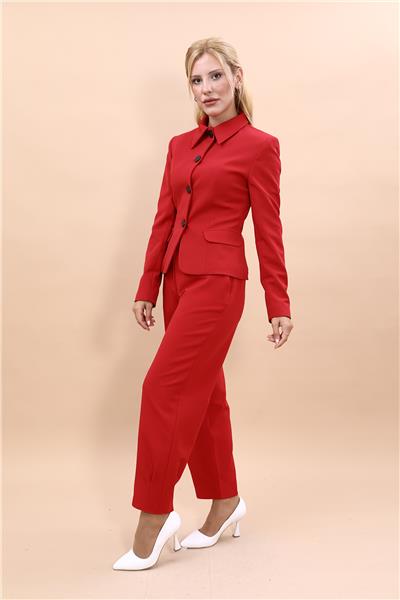 Gömlek Yaka Klasik Ceket &  Paçası Pileli Pantolon-Kırmızı