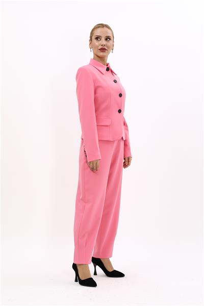 Gömlek Yaka Klasik Ceket &  Paçası Pileli Pantolon-Pembe