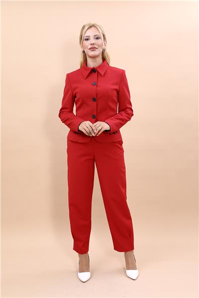 Gömlek Yaka Klasik Ceket &  Paçası Pileli Pantolon-Kırmızı