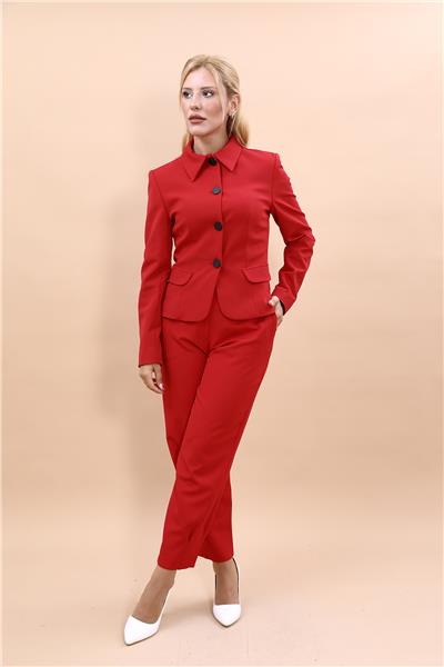 Gömlek Yaka Klasik Ceket &  Paçası Pileli Pantolon-Kırmızı