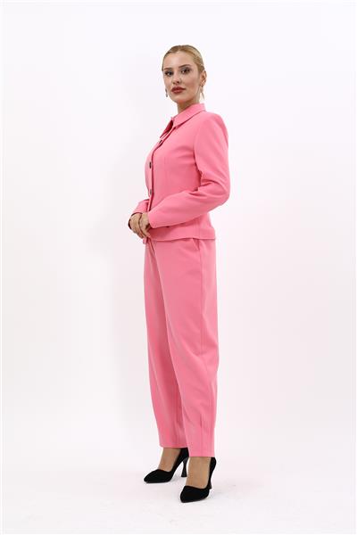 Gömlek Yaka Klasik Ceket &  Paçası Pileli Pantolon-Pembe