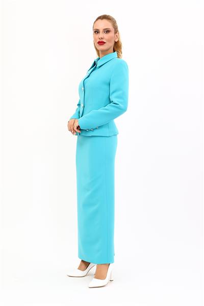Gömlek Yaka Klasik Ceket &  Uzun Düz Dar Etek-Turkuaz